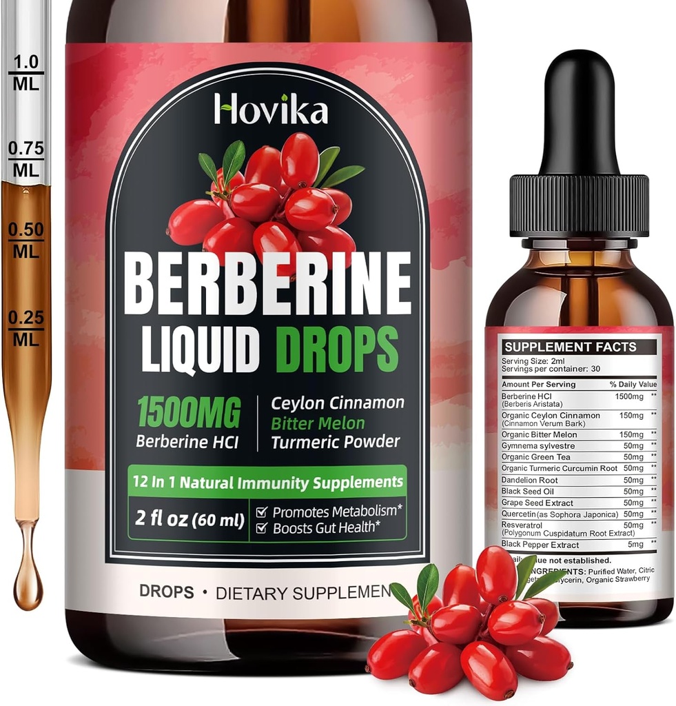 Berberine HCL נוזל טיפות - 1500 מ"ג גבוה Absorbable Berberine נוזל טיפות - Berberine Veggie תוספת עבור Immune, מערכת העיכול ותמיכה בריאות הלב, Strawberry פלמור 2 FL Oz Oz