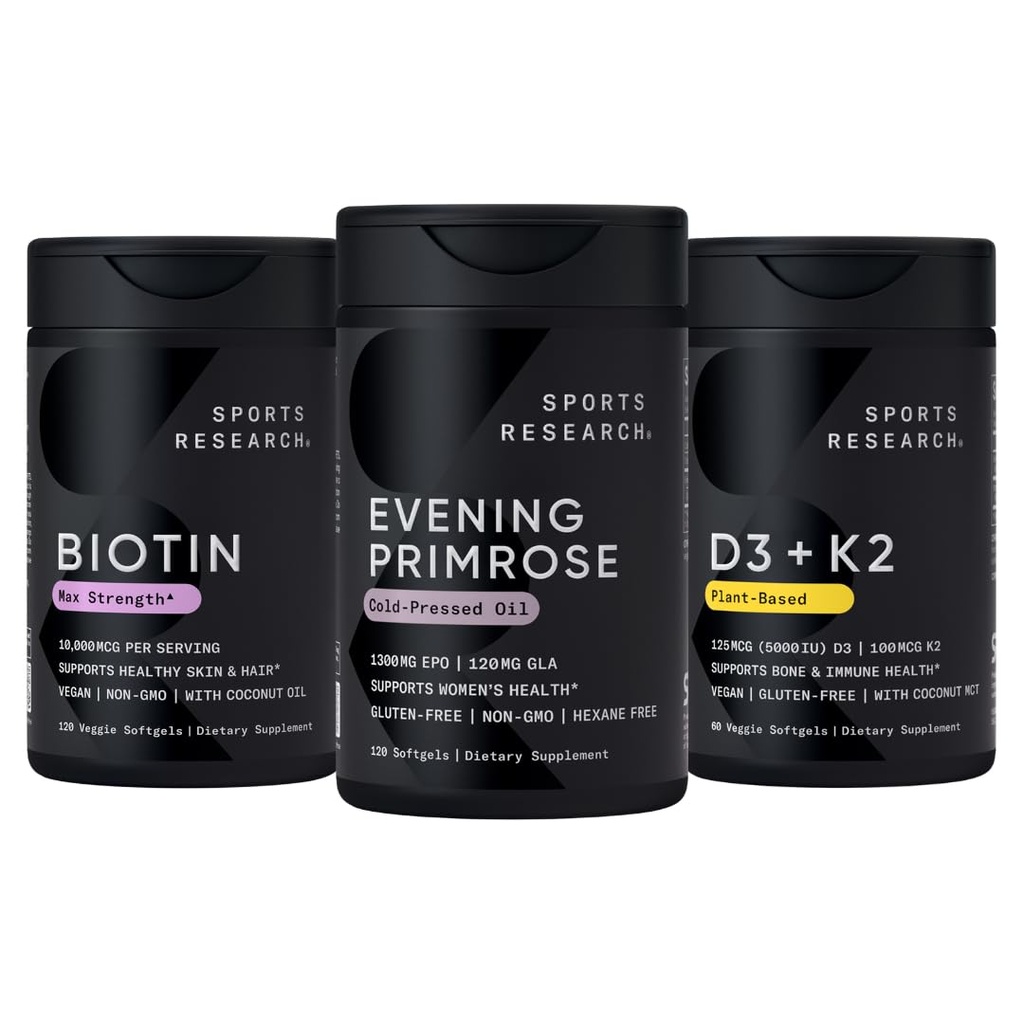 מחקר ספורט טבעוני Biotin 10,000mcg עם שמן קוקוס, תוספי Evening פרירוז תוספת של שמן קר Pressed וצמח מבוסס ויטמין K2 MK7 + טבעוני D3 5000iu