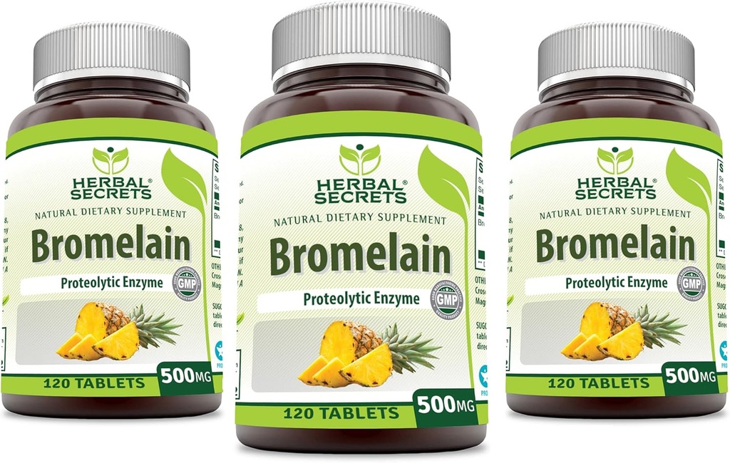 Herbal Secrets Bromelain 500 Mg 120 טבליות תוסף | Pack of 3 | Non-GMO | Gluten Free | Made in USA