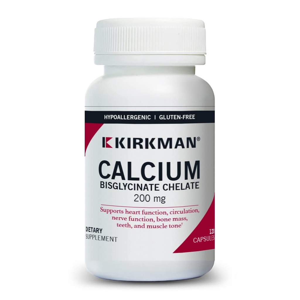 קירקמן - Calcium Bisglycinate Chelate 200 מ"ג - 120 קפסולות - ללא ויטמין D3 - מסייע לשמור על עצמות חזקות - Hypoallergenic