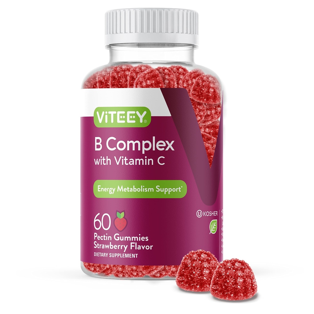 Viteey ויטמין B Complex Gummies עם ויטמין C - אנרגיה, Metabolism & Immune Support - B6, B12, Niacin, Folic Acid, Biotin, Calcium - טבעוני, Gluten-Free - 60 Count Count