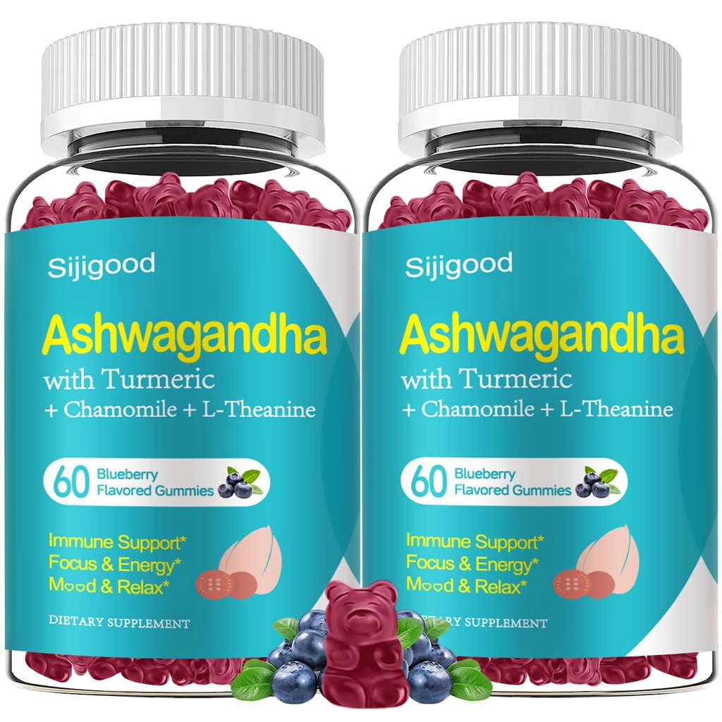 2 Pack Ashwagandha Gummies, תמיכה חסינות, מרגיעה, Calm Mood & Zzz, Ashwagandha תוספי עבור גברים ונשים, Natural Blueberry Flavor, הרוזן 120