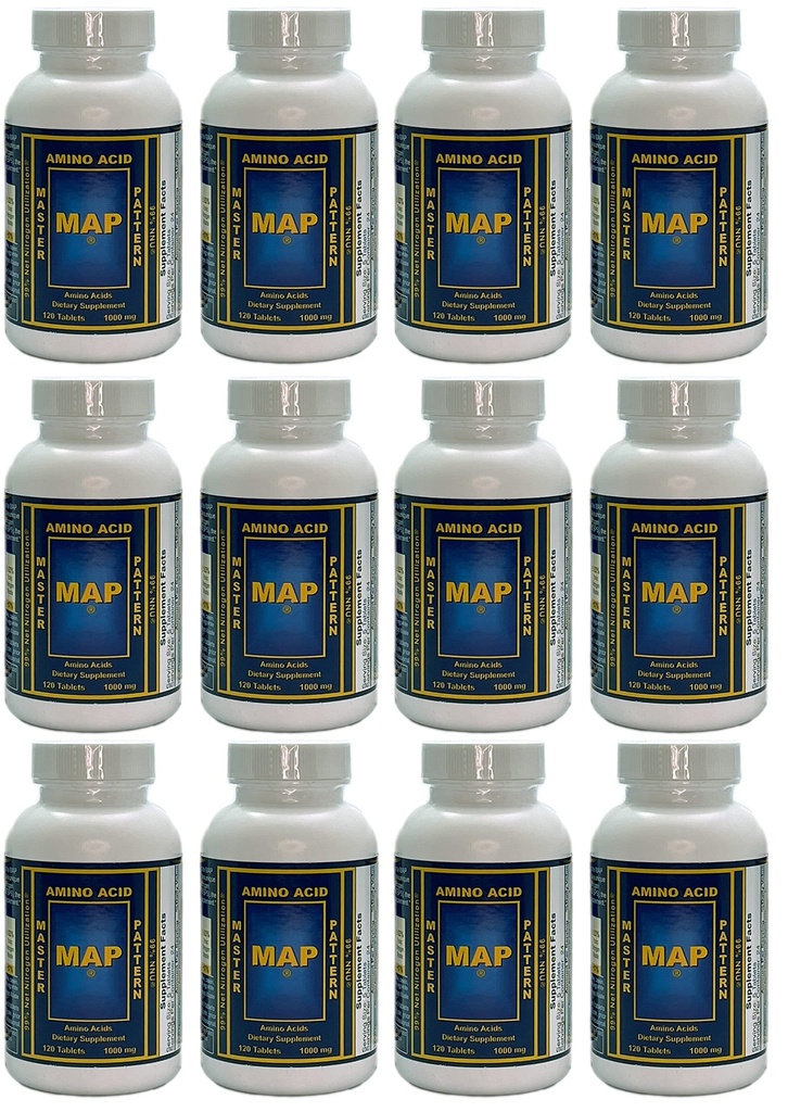 חבילה של 12 בקבוקי MAP מאסטר Amino Acid Pattern (120 טבליות / בובקר) 99% Net Nitrogen Utilization (NU) - פורמולה מקורית על ידי ד"ר לוקה מורטי