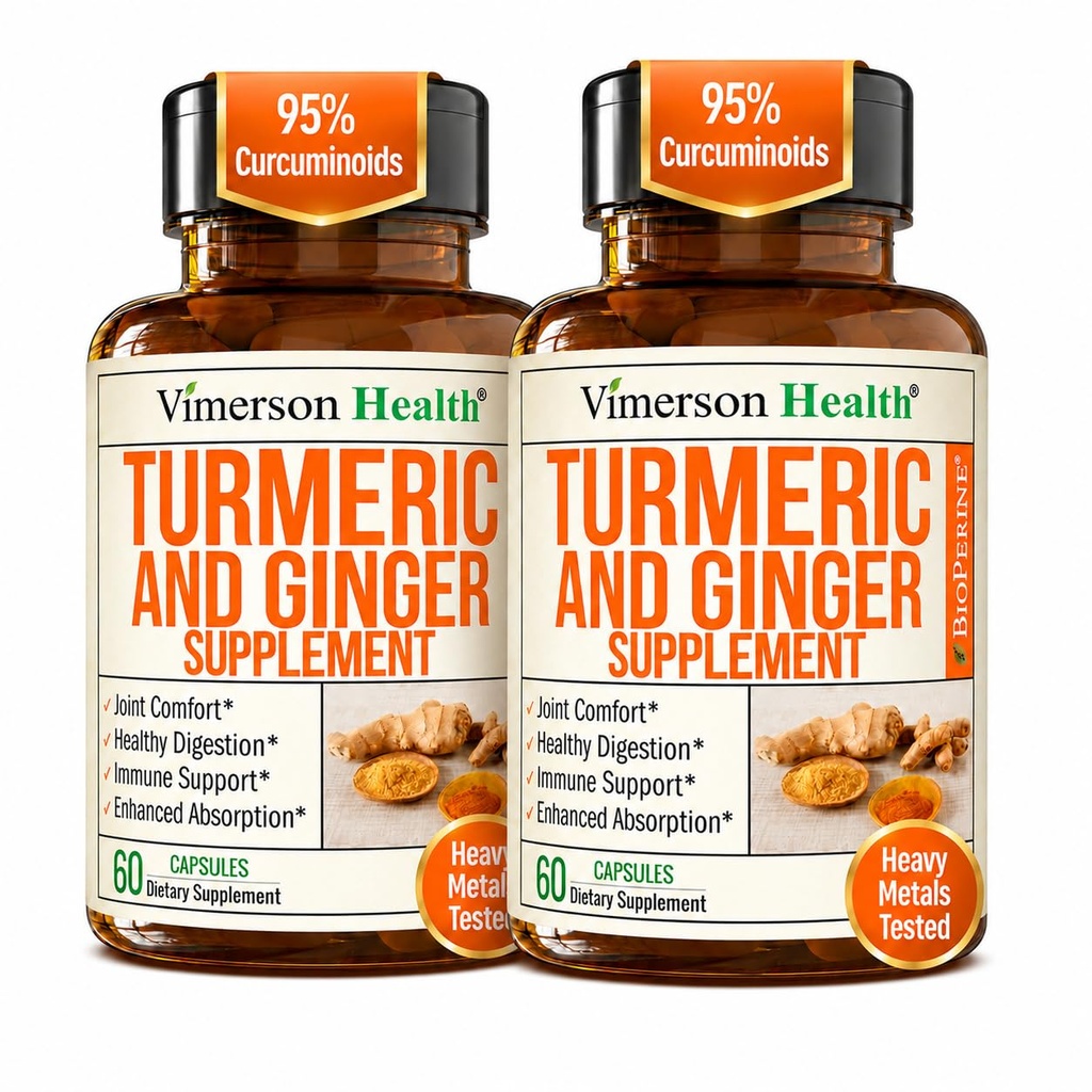 תוסף Turmeric Curcumin עם ג'ינג'ר Root לתמיכה משותפת, Digestive & Gut Health Contain - מכיל כורכום אורגני עם Black Pepper (Bioperine) עבור Absorption משופרת - 60 קפסולות, 2 Pack