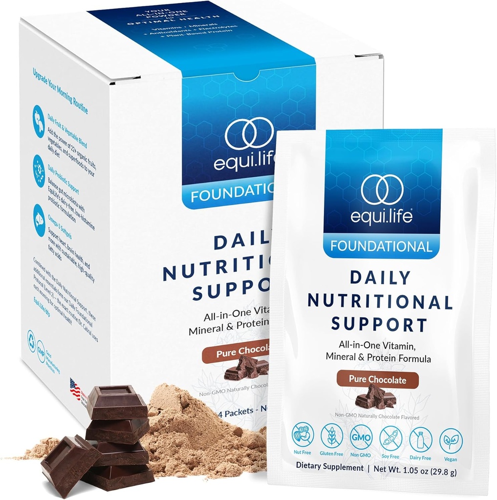 EquiLife Daily Nutritional Support, All-in-One Multivitamin Meal Switch, Pure Chocolate Flavor, 15G צמחי חלבון, תומך הכולל אנרגיה, עיכול ועור, 14 Packets