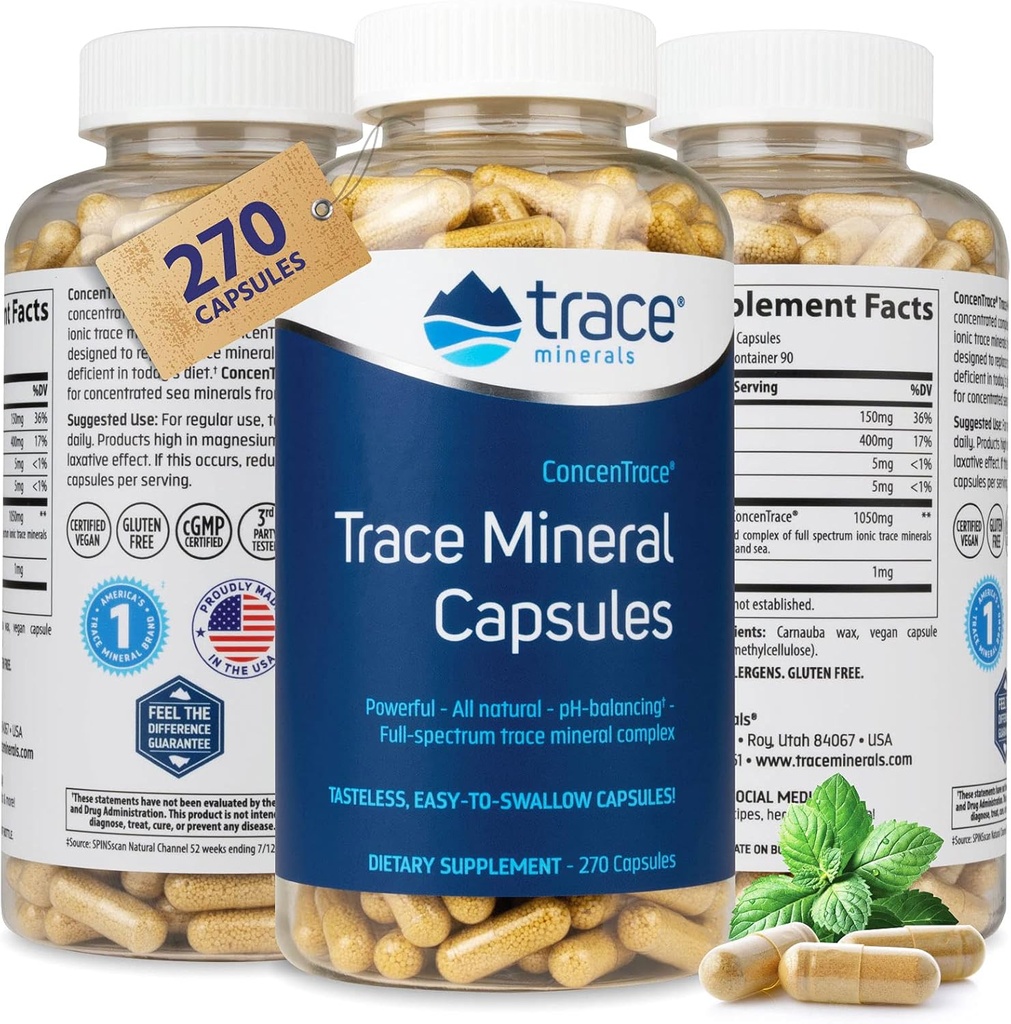 Trace מינרליםs Low-Sodium ConcenTrace קפסולות - תוספת לתמיכה בריאות העצם וגוף אנרגיה - תוספת תמיכה מהירה ואלקטרוליטית - 270 קפסולות (90 משרתים)
