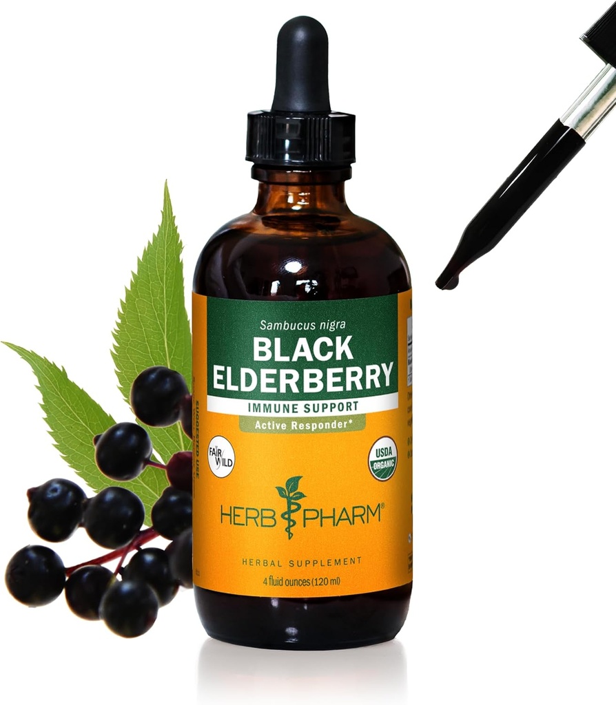 Herb Pharm מוסמך אורגני Black Elderberry לחלץ תמיכה במערכת החיסון, אורגני Cane אלכוהול, 4 Ounce