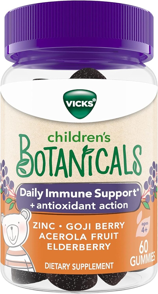 ויקס ילדים הבוטנים היומיים של Immune Support * + Antioxidant Action, Gummies, Made with Zinc, Goji Berry, Acerola פירות, and Elderberry, 60 ct