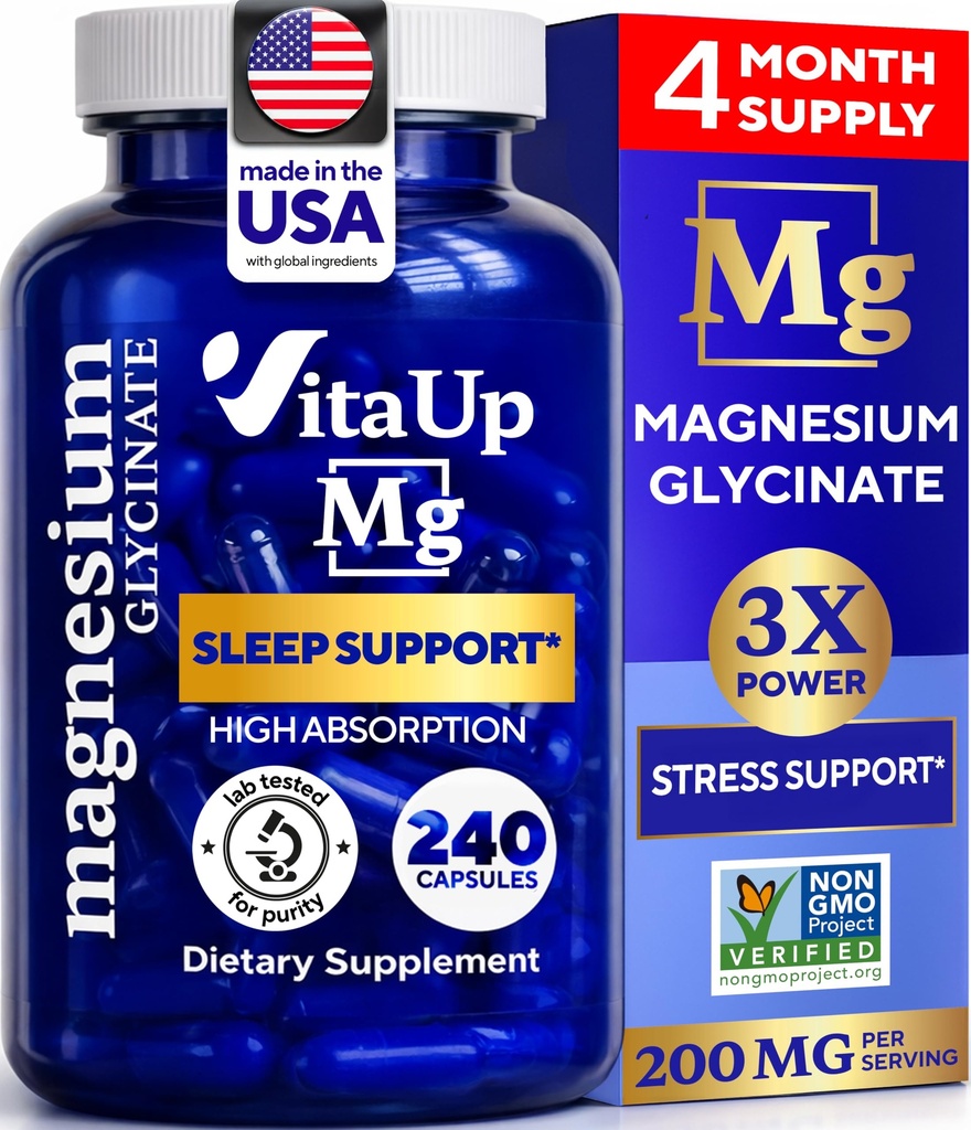 Magnesium Glycinate 200 מ"ג - ארה"ב עשתה תוספת מגנזיום עבור שינה, לב, עצמות, תמיכה מטאבוליזם - High Absorption Magnesium Bisglycinate קפסולות - 240 קפסולות טבעוניות Chelated