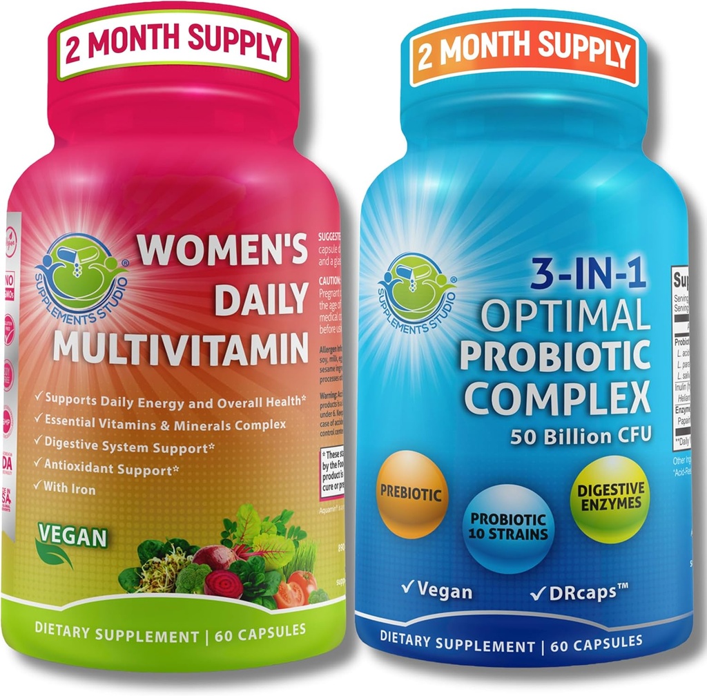 נשים של Multivitamin & Probiotic Support Bundle - 3in-1 פרוביוטיקה עם Enzymes & Prebiotic & Women's Daily Multivitamin עם ברזל - טבעוני, Non-GMO, תמיכה יומית בריאות נקייה