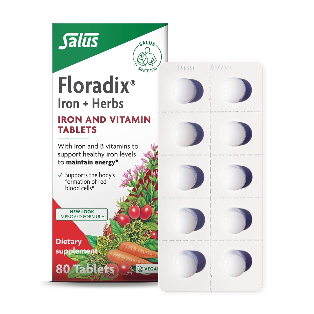 טבליות ברזל פלורה - תוספת ברזל עם ויטמין B, Folic Acid, ויטמין C & יותר - תמיכה באנרגיה - Vegetarian & Gluten-Free - 80 טבליות (80 משרתים)