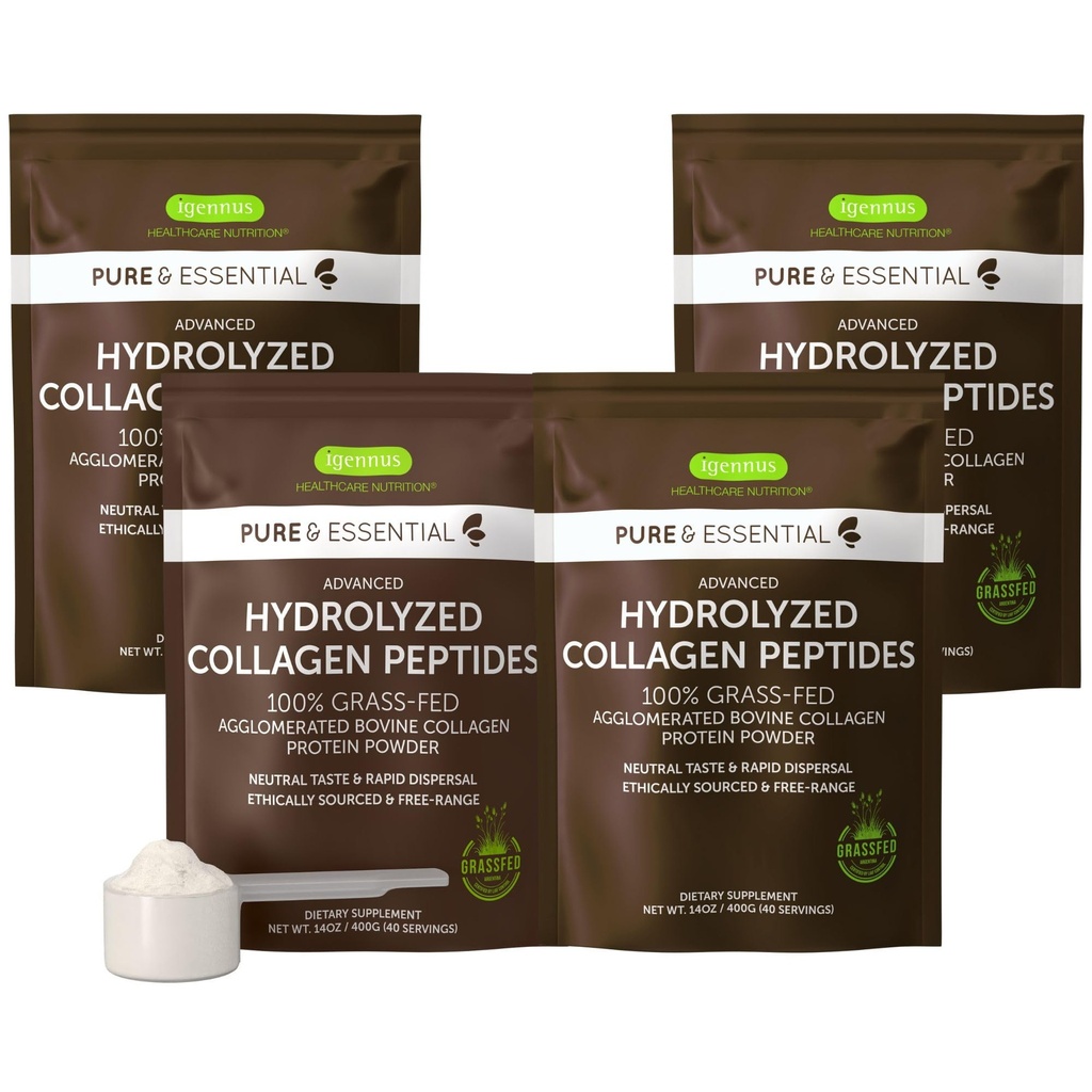 Igennus Free Range Grass פד hydrolyzed Bovine Collagen Peptides, Neutral Taste, 100% גבוה אבקת חלבון Bovine Collagen חלבון, סוגים 1, 2 & 3, תווית נקייה, Non-GMO, טווח חופשי, 4 x 40 משרתי שמש.