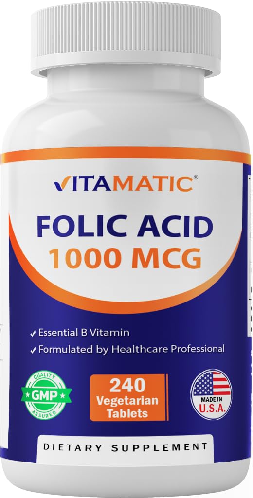 Vitamatic Folic Acid 1000 mcg (1 מ"ג) - טבליות צמחוניות - 1667 mcg DFE - ויטמין B9 (240 Count (Pack of 1)