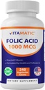 Vitamatic Folic Acid 1000 mcg (1 מ"ג) - טבליות צמחוניות - 1667 mcg DFE - ויטמין B9 (240 Count (Pack of 1)