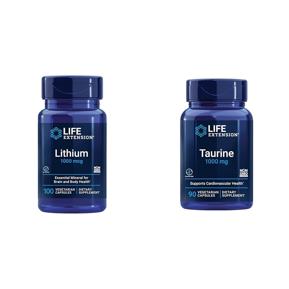 Life Extension Lithium 1000 mcg ו Turine 1000 מ"ג - בריאות המוח, Anti-Aging, Longevity, Memory, Cognition, Mood, Heart, Liver, השרירים ותמיכה גופנית - 100 הרוזן