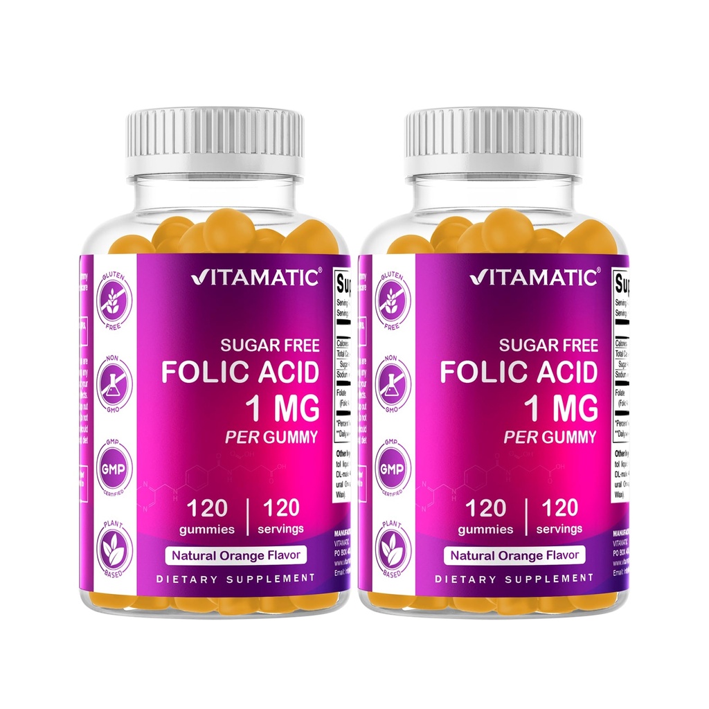 Vitamatic Folic Acid Gummies 1000 mcg (1 מ"ג) - ויטמין טרום לידתי חיוני B9 עבור אמא ותינוק - 120 חניכיים טבעוניות לבק - 2 Pack