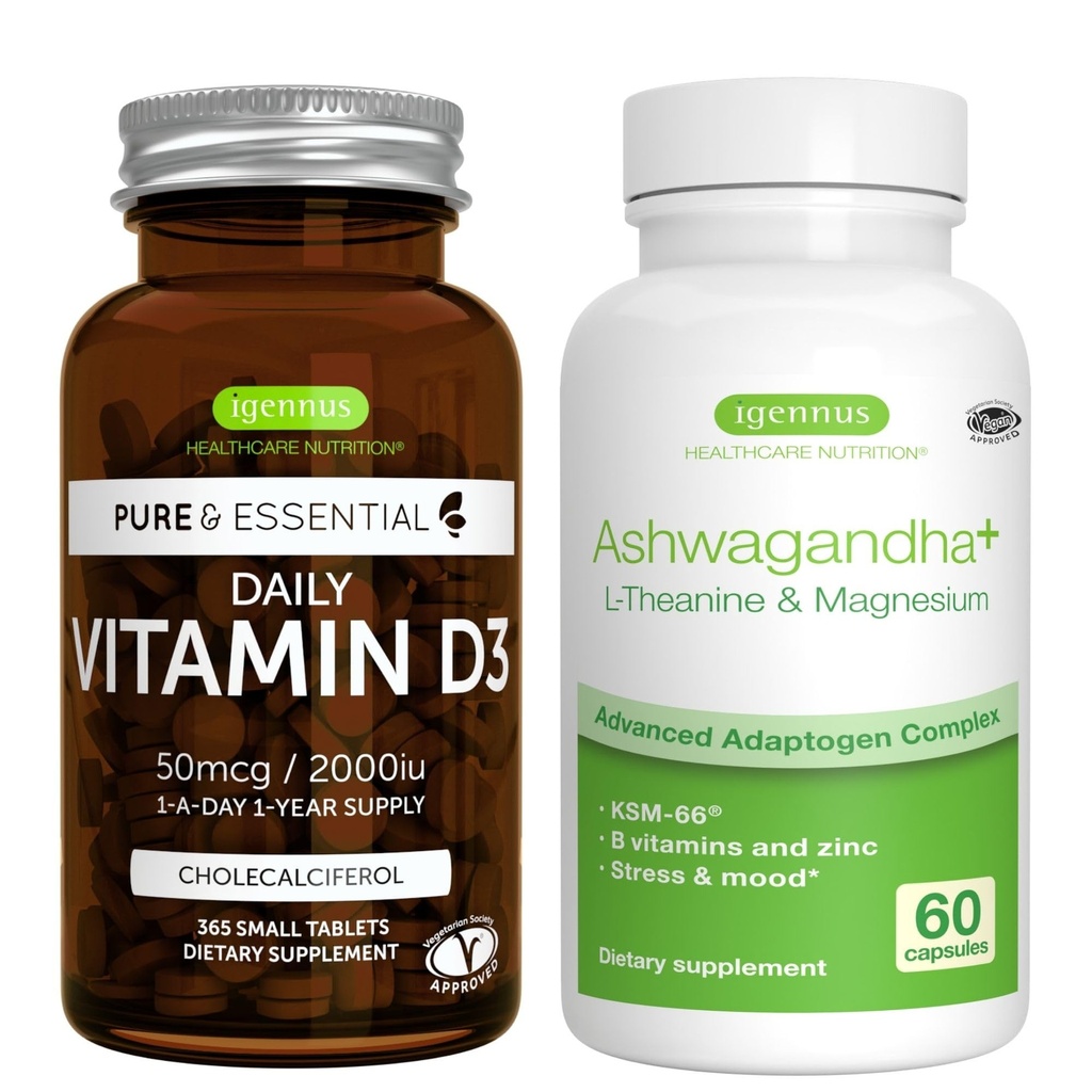 ויטמין D3 + Ashwagandha+ L-theanine & Magnesium Vegetarian Bundle, 365 2000io ויטמין D3 Tablet + 600mg KSM-66 Ashwagandha עם Zinc & B ויטמינים, על ידי Igennus
