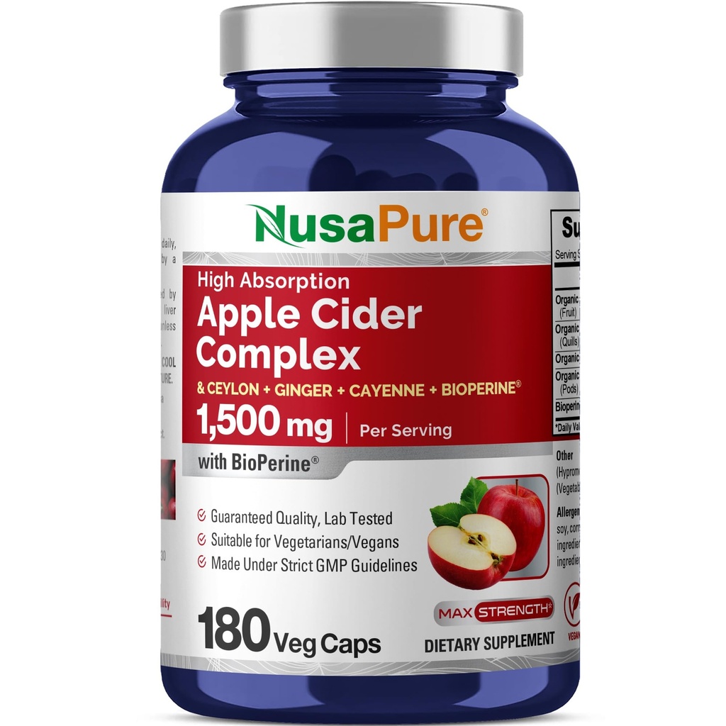 NusaPure Apple Cider Vinegar Complex 1500 מ"ג 180 Veg Caps מתאים עבור Vegetarians ו טבעונים, non-GMO