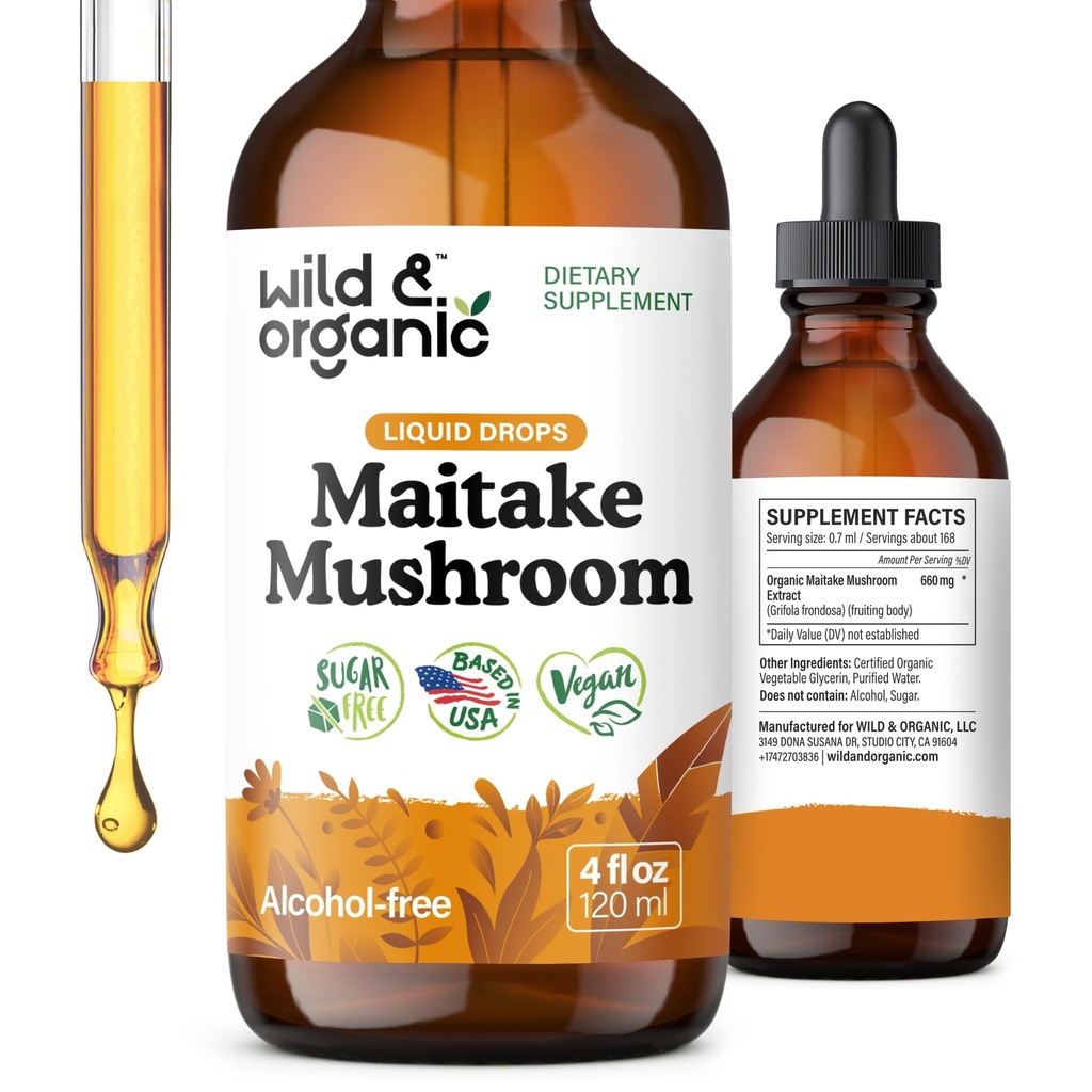Wild & Organic Maitake Mushroom Tincture - Immune Support Supplement - נוזל מאיקח Mushroom - טבעוני, סוכר ואלכוהול חינם טיפות - 4 fl oz