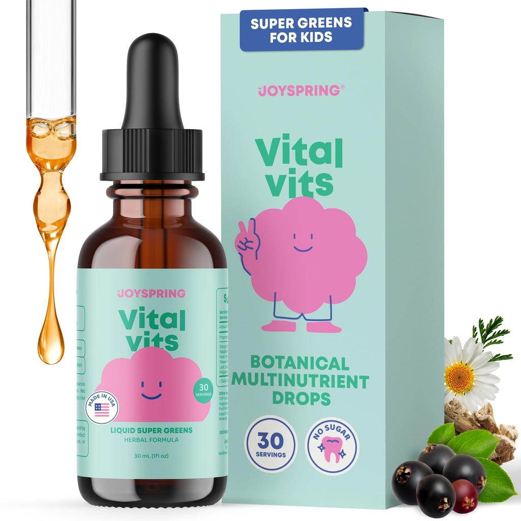 JoySpring Vital Vits - Kids Liquid Multivitamin - 1 fl oz (30 משרתים) | צמחי נוזלי ויטמינים לילדים | פלאבור טבעי | טולר Multivitamin with Elderberry, Spirulina ועוד