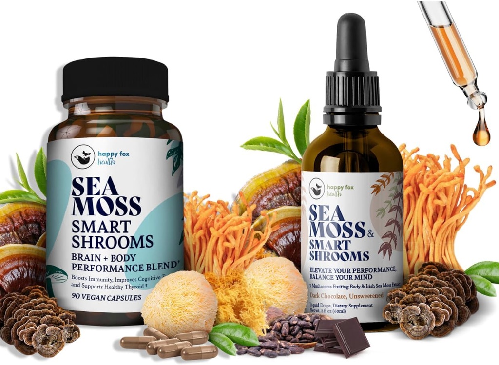 Brain Superfoods Bundle - אורגני הים Moss & Smart Shrooms, קפסולות ו טיפות נוזל טיפות Bundle, אורגני אירי Seamos ו 7 תוספי הסתגלות לזכר להתמקד. טיפות נוזליות בשוקולד