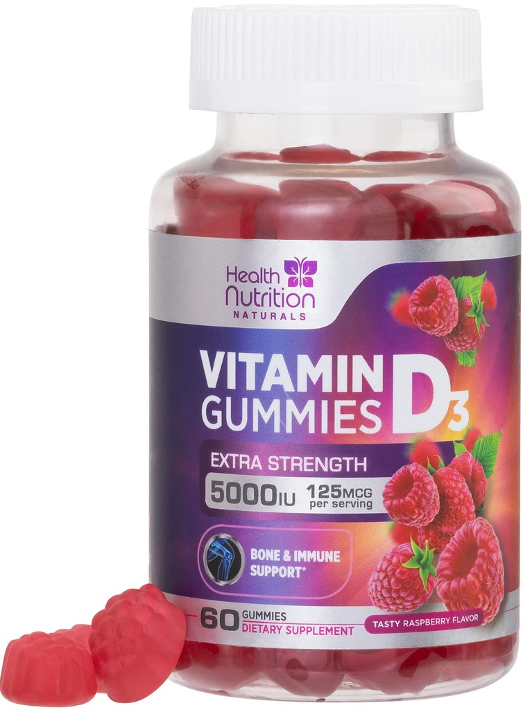 ויטמין D3 Gummies 5000 IU (125 mcg) - תמיכה משולשת עוצמה ו- Immune, ויטמין D Gummy Dietary תוסף, Nature's Berry D ויטמין, Raspberry Flavored, non-GMO - 60 מסטיקנים