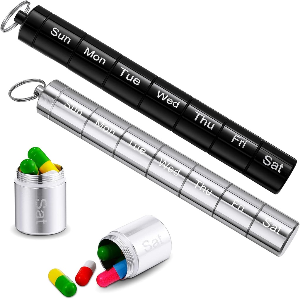 Vesici 2 Pack Metal Weekly Pill מארגנת חברת Travel Piller עם Keychain 7 Day Weekly Water Proofs Holder Case Box Stackable for Women Men Travel Outside (Black, Silver)