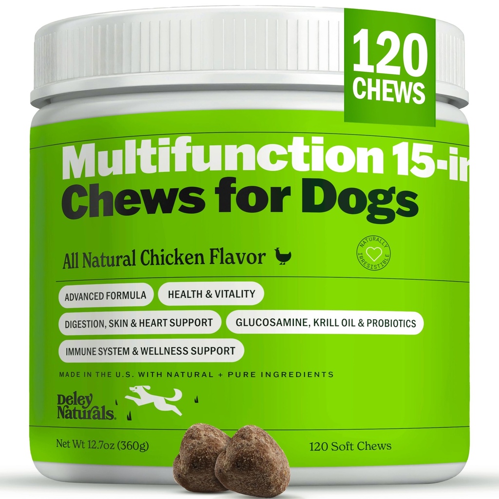 Deley Naturals 15 ב 1 Multivitamin לכלבים - ויטמינים מלאים לכלבים ותוספים לתמיכה ב- Immune, Joint, Skin, Digestion, Heart & Total Health - תוספי Multifunctions - 120 Chews