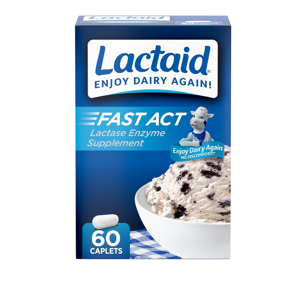 Lactaid Fast Act Lactose Intolerance Caplets, Lactase Enzyme כדי למנוע גז, Bloating ו Diarrhea בשל Lactose Slacks for Travel and On-The-Go, 60 Count Count