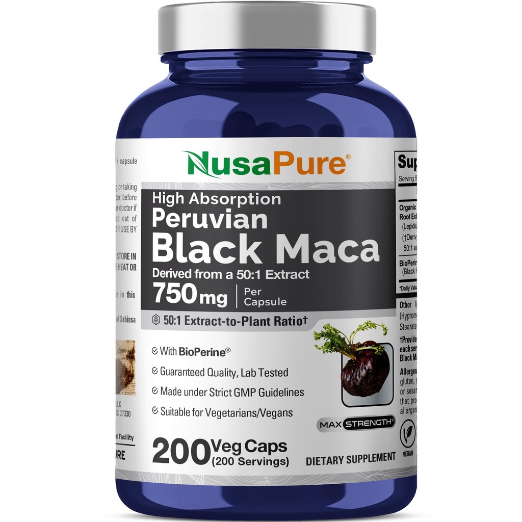 NusaPure Black Maca Root 50:1 לחלץ, 750 מ"ג שווה ל 37,500 מ"ג 200 Veggie Per Caps (Vegan, non-GMO)