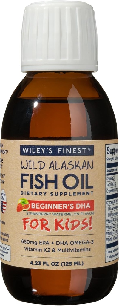 Wiley's Finest Wildאלסקה Beginner's DHA - תוסף שמן דגים נוזלי לילדים בימי 1 ומעלה - 650 מ"ג של EPA ו- DHA אומגה 3s - Strawberry Watermelon Flavor - 4.23 (50 משרתים)