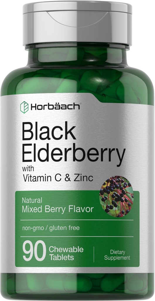 Horbaach Black Elderberry עם ויטמין C ו- Zinc | 90 טבליות Chewable | מעורבים ברי פלאפור | Immune Support Complex