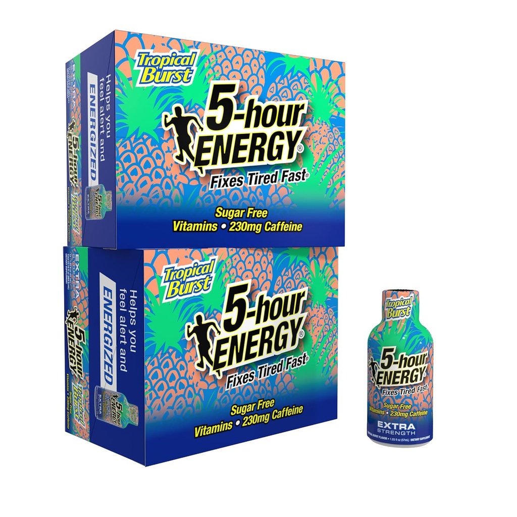 5 שעות ENERGY תוספת אנרגיה נורה, בורר טרופי (1.93 oz., 24 Count) Zero Calories & Sugar-Free 230 מ"ג Caffeinated Shot, Amino Acids & B ויטמינים, תוספי תזונה