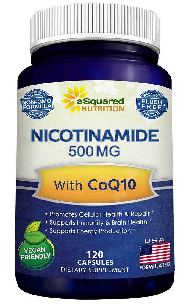 Nicotinamide עם CoQ10 (120 קפסולות) - ויטמין B3 500 מ"ג (Niacinamide Flush Free) - אבקת Coenzyme Q10 - VIT B-3 & Coq 10 גלולות לתמיכה באנרגיה, NAD, & Skin Health Health