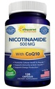 Nicotinamide עם CoQ10 (120 קפסולות) - ויטמין B3 500 מ"ג (Niacinamide Flush Free) - אבקת Coenzyme Q10 - VIT B-3 & Coq 10 גלולות לתמיכה באנרגיה, NAD, & Skin Health Health