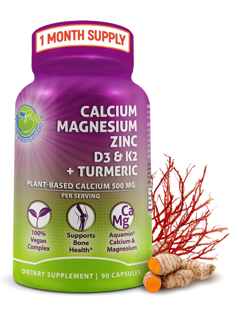 Calcium 500 מ"ג צמחי (Aquamin) - טבעוני Calcium Magnesium Magnesium Zinc D3 עם ויטמין K2 & אורגני Turmeric - שיפור העצמות והבריאות והחוזק של השרירים, תמיכה כספית עבור נשים וגברים - 90 הרוזן הרוזן