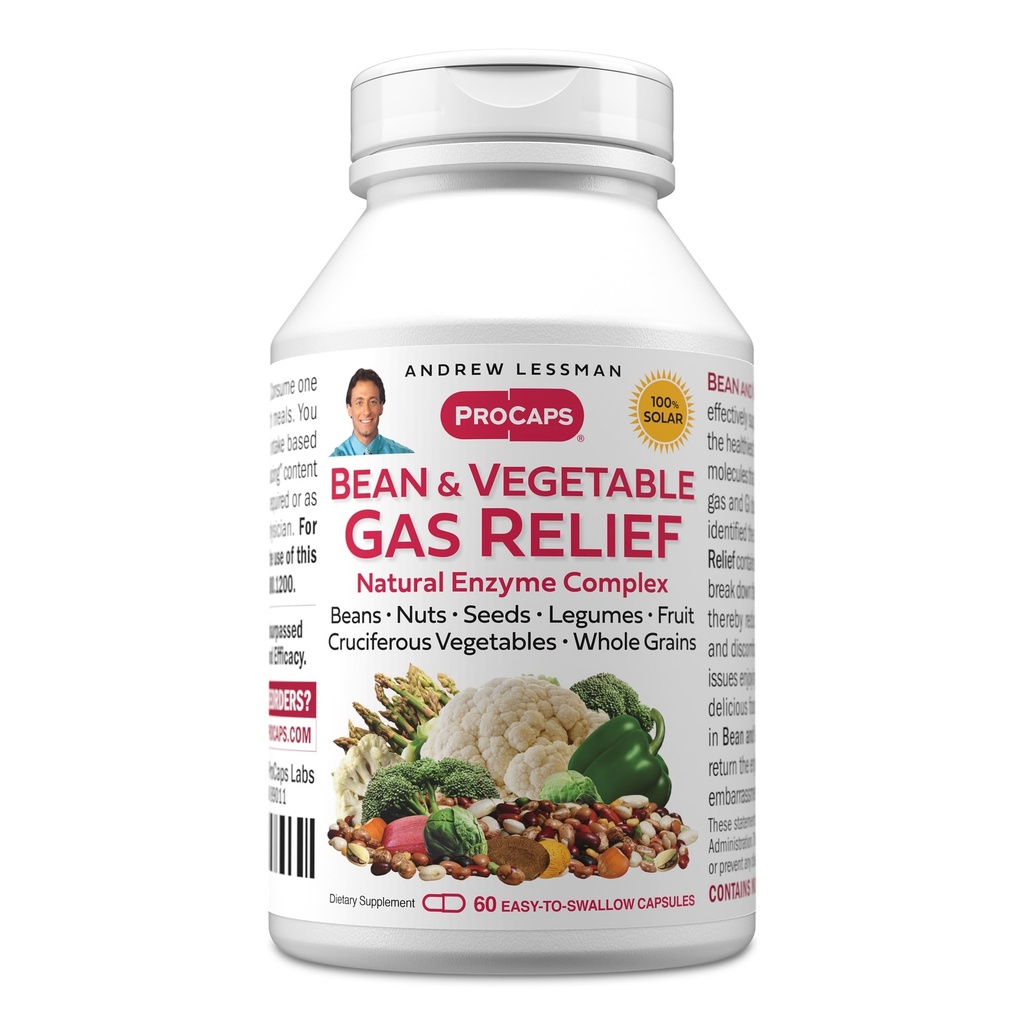 ANDREW LESSMAN Bean and Vegetable Gas Relief 60 Capsules - Natural Enzyme Complex Reduces Gas, Bloating from Beans, Cruciferous Vegetables, Fruits, Grains and Other Foods. Gentle and Effective