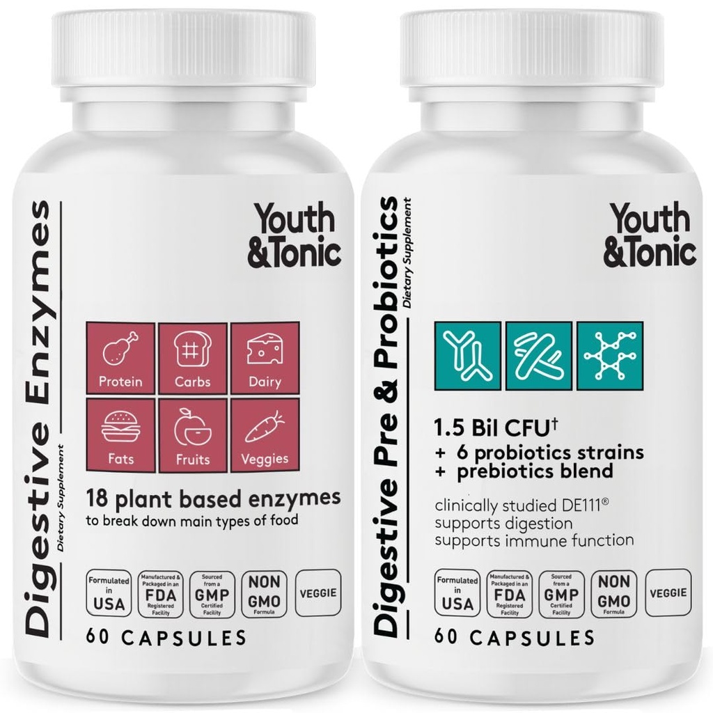 תוספי נוער & Tonic Digestive עבור Bloating, סדירות ו- Gut Health. Enzymes Probiotics & Prebiotics for Digestion to Break Down Food and to Use Daily, for Women & Men - 120 Pills