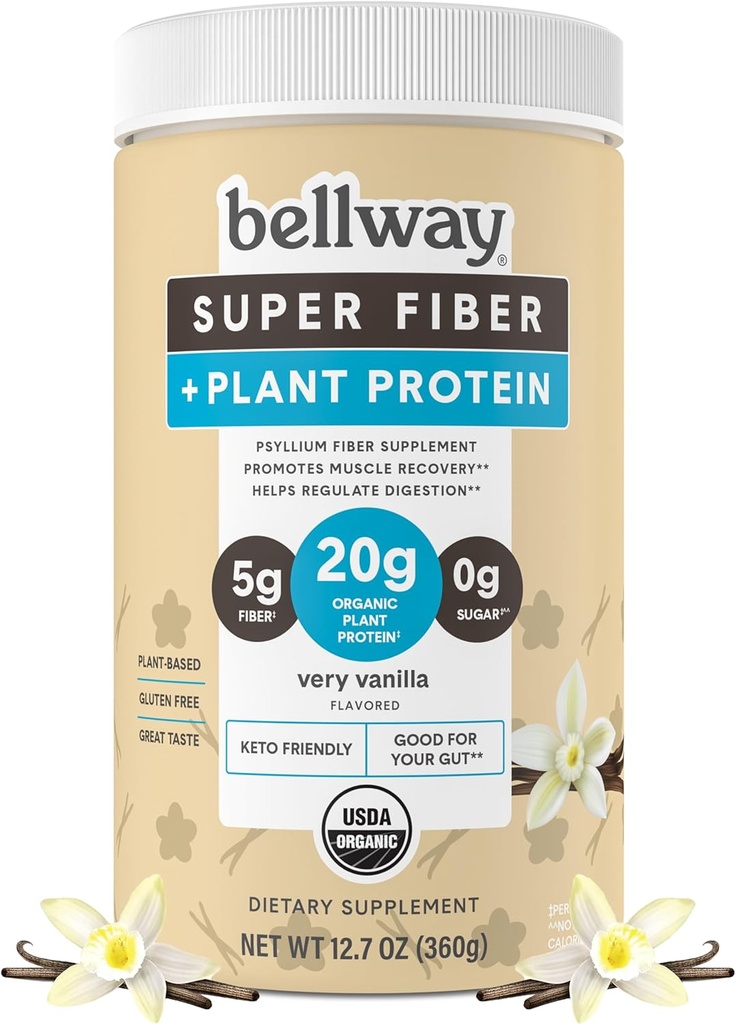 Bellway Super סיבים + אבקת חלבון, חומצה אורגנית ללא סוכר פסיכותרפיה Husk סיבים אבקת עם 20g Plant חלבון Per המשרת, Vanilla, 12.7 oz oz