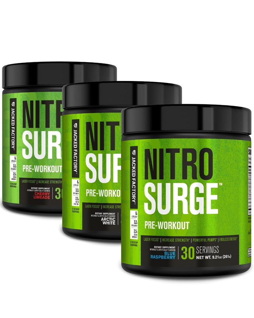 ג'קד מפעל NITROSURGE Pre Workout תוסף - אנרגיה אינסופית, מקבלי כוח מיידי, Clear Focus, Intense Pump | Cherry Limeade, Blue Raspberry, Arctic White (90 משרתים)