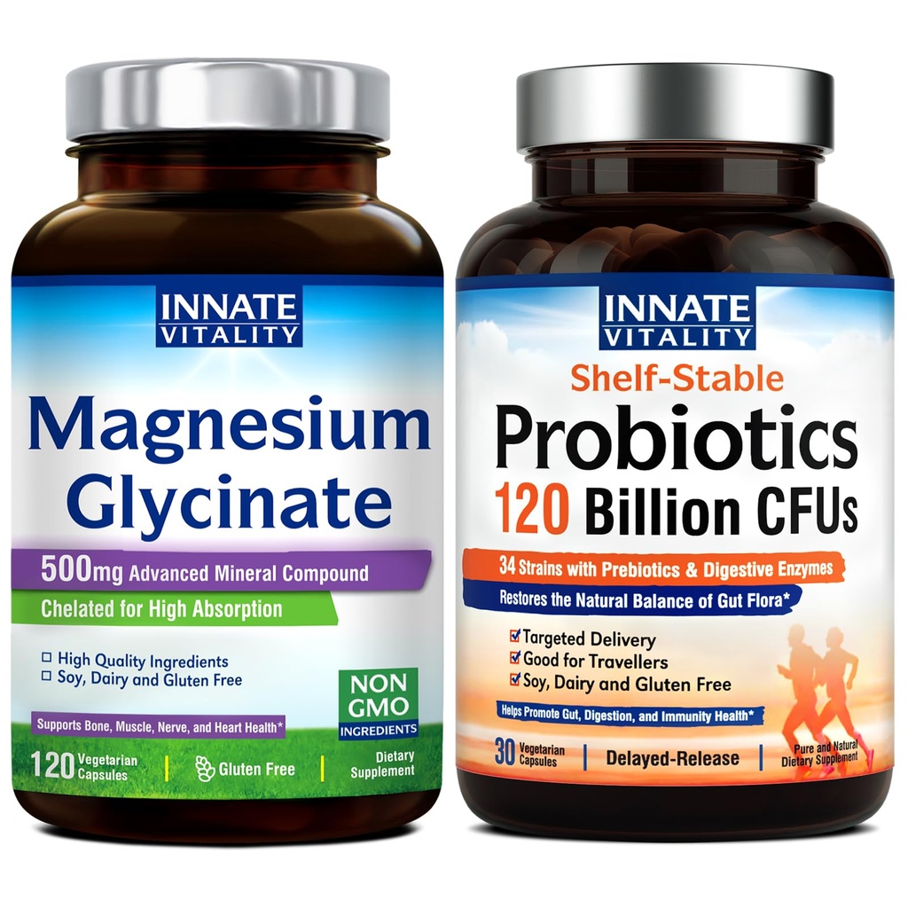 Innate Vitality Magnesium Glycinate & Probiotics 120 מיליארד Bundle, non-GMO, No Gluten Milk Soy & טבעוני, Magnesium (120 Caps) & Probiotic (30 Caps)