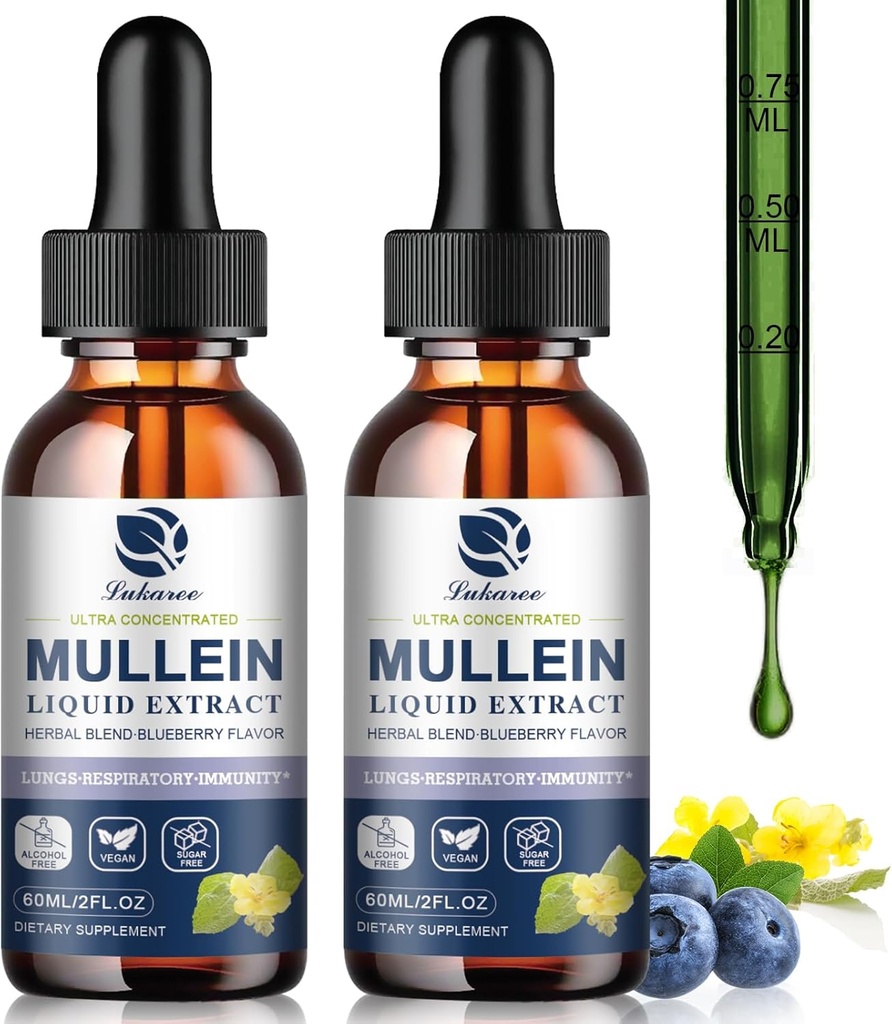 Mullein טיפות עבור Lungs, Lung Detox & ניקויse, טבעוני מולליין עלץ לחלץ Tincture עם Chlorophyll Elderberry, וכו ', תוסף צמחי טבעי עבור הנשימה, Immune, 60 משרתים
