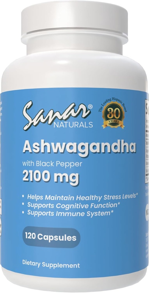 Sanar Naturals Ashwagandha 2,100 מ"ג - תוספי תמיכה מתח ו Mood - לקדם את Focus and Sustained אנרגיה, אבקה אשוגנדה והפקת שורש עם Black Pepper - non-GMO, 120 קפסולות