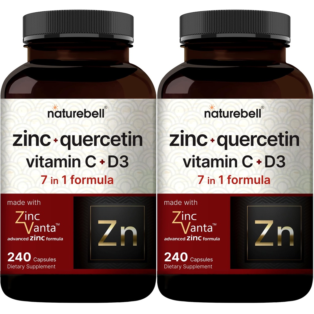 NatureBell Zinc Quercetin with Vitamin C & D3, 480 Capsules (2 Pack) | Quercetin 1,000mg + Zinc 50mg + Vitamin C 250mg + Vitamin D3 5,000 IU | 4-in-1 Advanced Immune & Lung Support | ZincVanta Formula