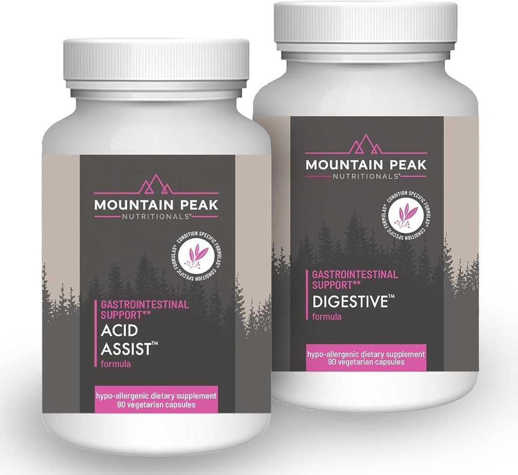 Mountain Peak Nutritionals Acid Assist & Digest תמיכה Combo Pack - Gastro מעיים ובריאות העיכול - Enzymes, Probiotics, & Foodsent Support - 90 קפסולות צמחוניות כל אחת
