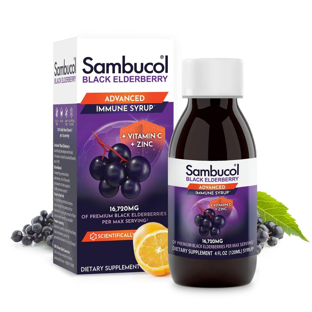 Sambucol מתקדם Black Elderberry Syrup - Elderberry עם Zinc ו ויטמין C למבוגרים, Sambucus Elderberry Syrup, Elderberry נוזל - 4 Fl Oz
