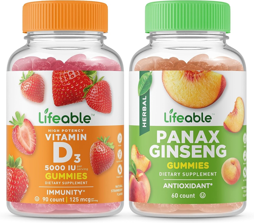 ויטמין D 5000 IU + Panax גינזנג, חניכיים Bundle - גדול Tasting, ויטמין תוסף, Gluten Free, GMO חינם, Chewable Gummy