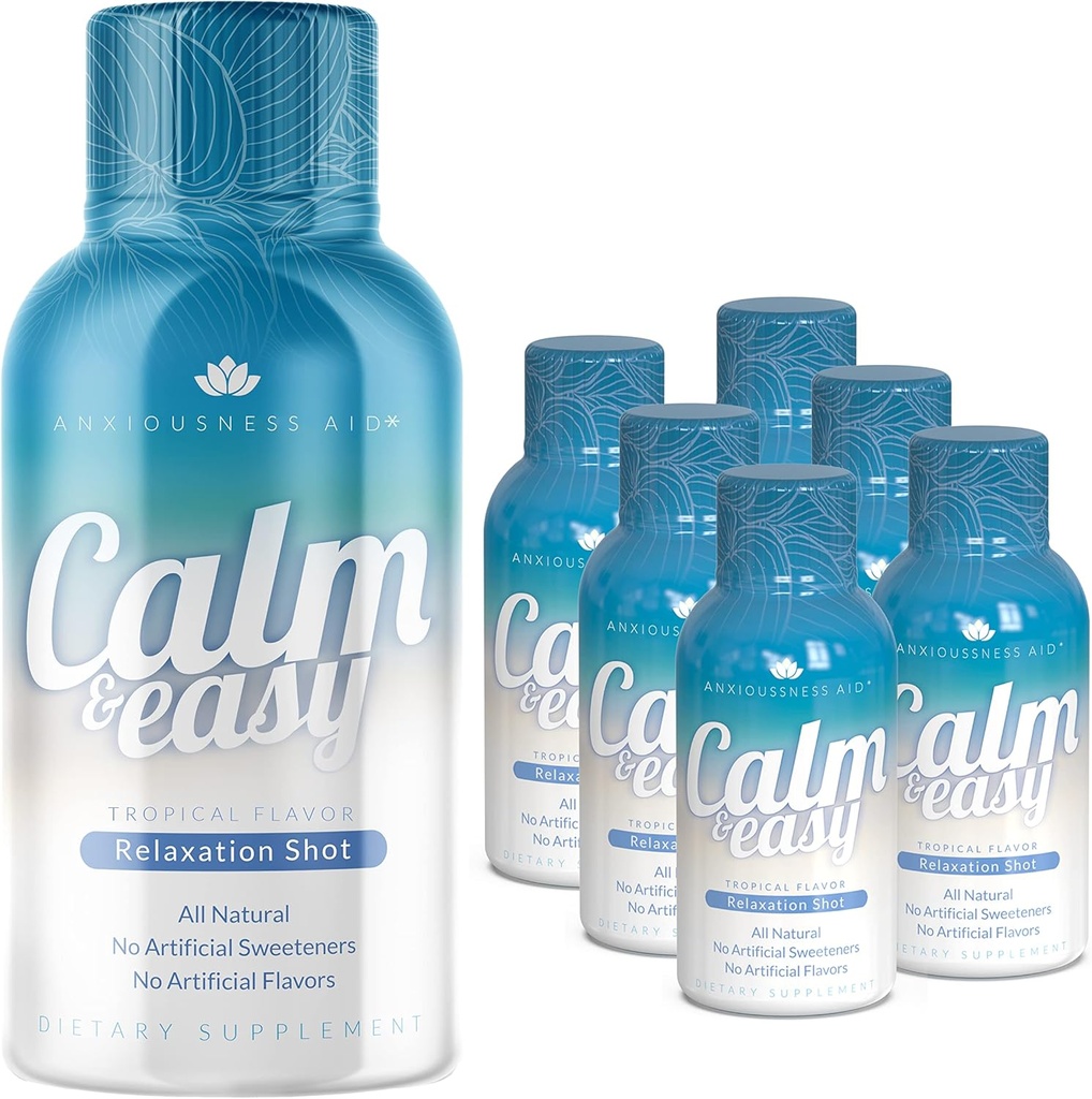 Calm & Easy - Natural Stress Relief Shot, KSM-66 Ashwagandha, Suntheanine L Theanine, Calming Fitogen Drink, הירגעות, פוקוס ו- Mood | 2 oz נוזל בקבוק (6 Pack)