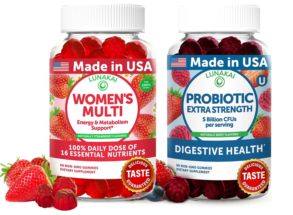 לונהקאי ארה"ב עשתה נשים Multivitamin & Probiotic Gummies Bundle - 16 ויטמינים ו פרוביוטיים לתמיכה ב Digestion - 60ct כל אחד