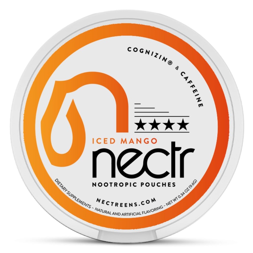 Nectr Energy Nootropic Pouches - Iced מנגו פלמורד, Caffeine Pouches עם Cognizin® Citicoline. טיפול במוח ללא סוכר Smooth, Sustained Focus & אנרגיה תוסף - 1 Puck של 16pcs